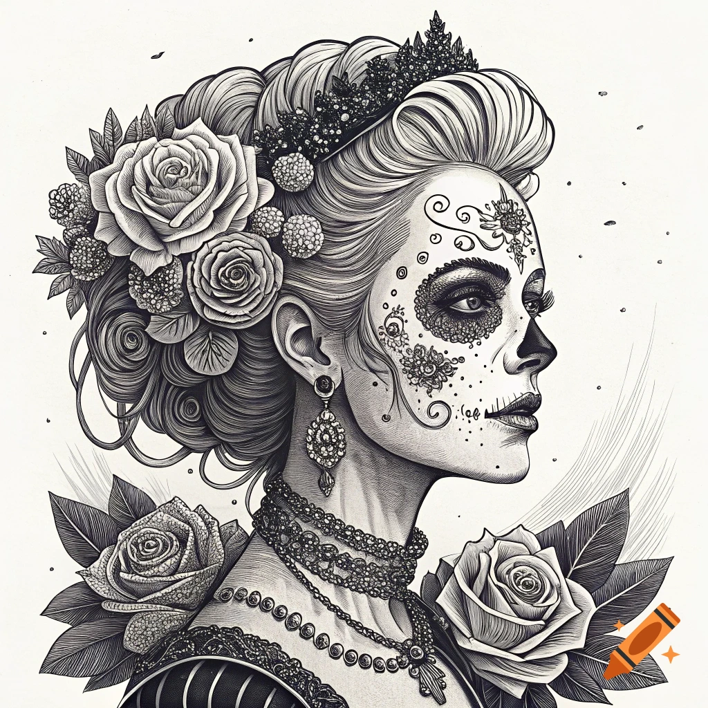 Black and white illustration of a woman with Day of the Dead sugar skull makeup, intricate hair with roses, a crown, and jewelry.