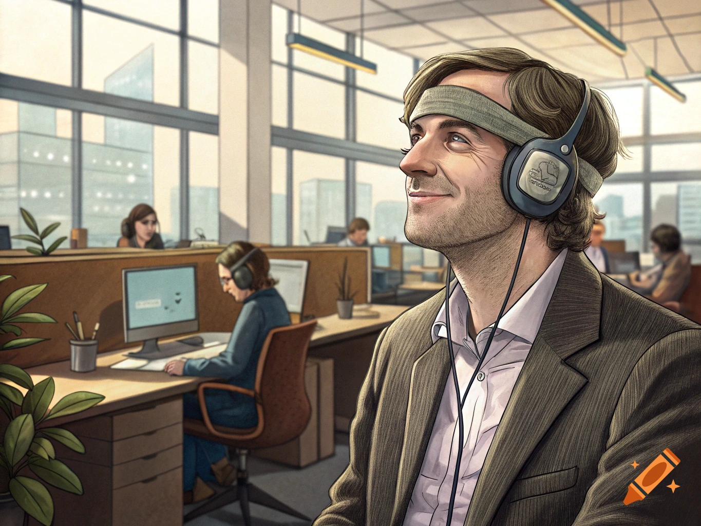 An illustration of a man with a headband and headphones in an open-plan office, looking up and smiling. Other people work in the background.