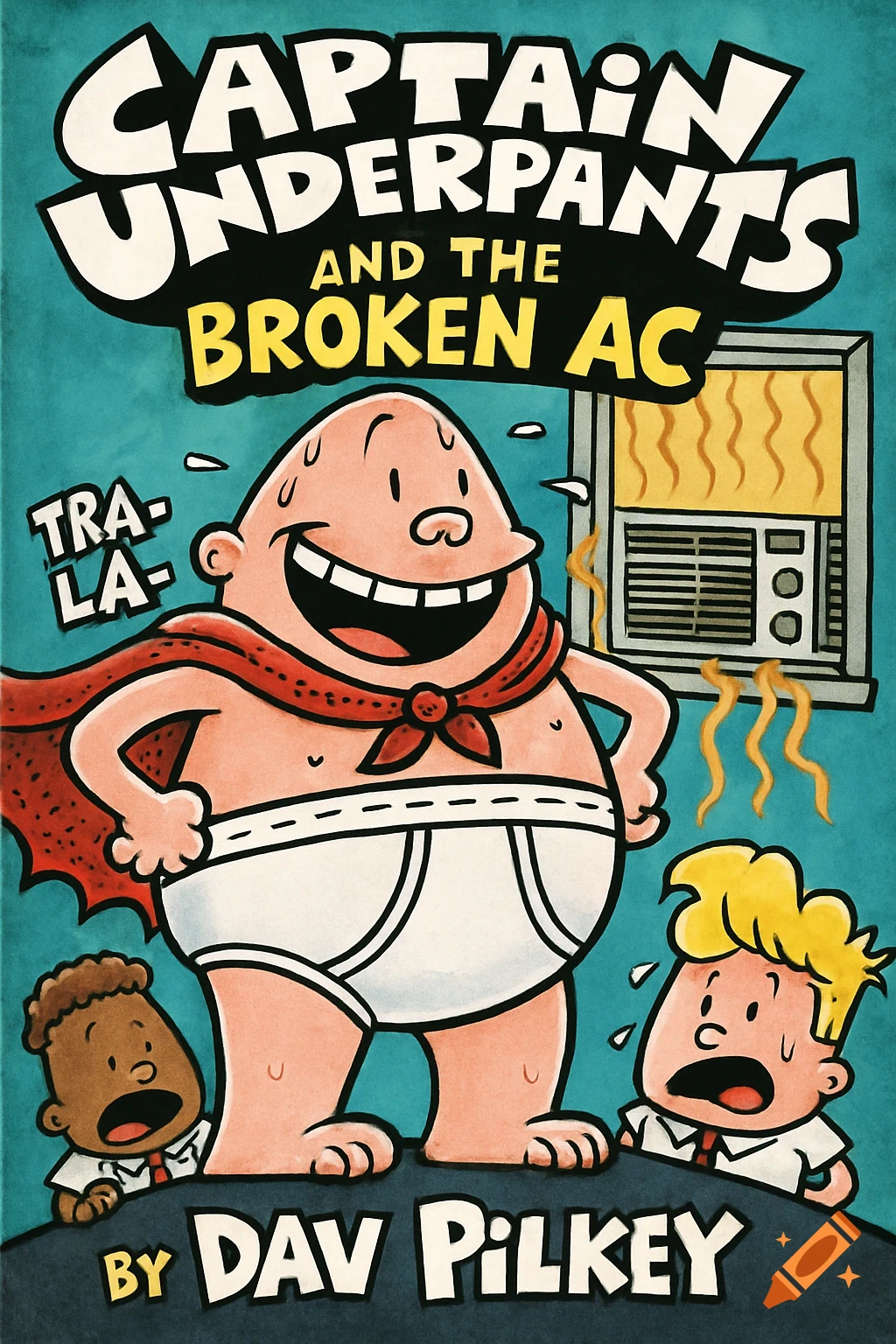 Cartoon book cover for "Captain Underpants and the Broken AC," featuring a sweating Captain Underpants next to a broken window AC unit, with two alarmed children.