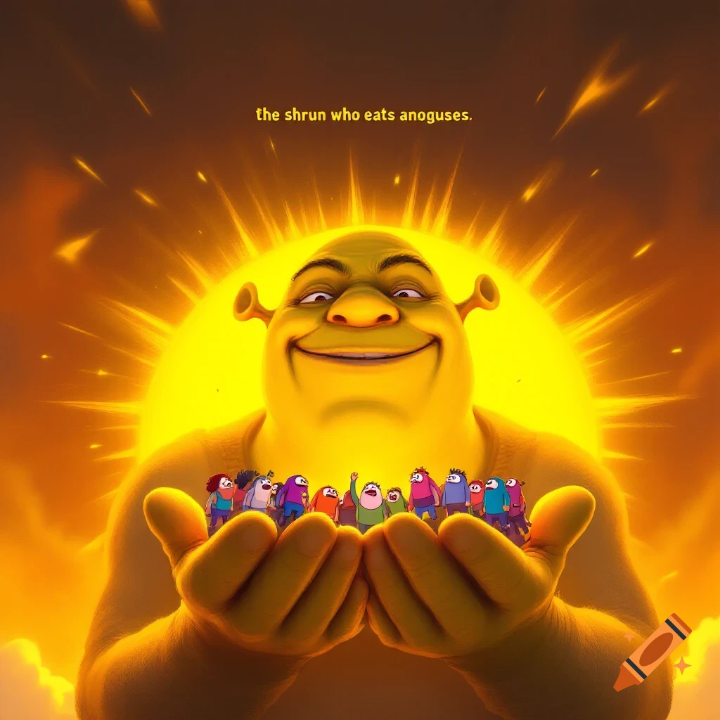 Shrek's face as a glowing yellow sun, holding tiny Among Us crewmates in his hands with text above.