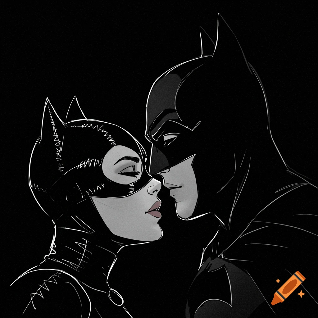 Minimalist black and white line drawing of Catwoman and Batman looking at each other, close to kissing.