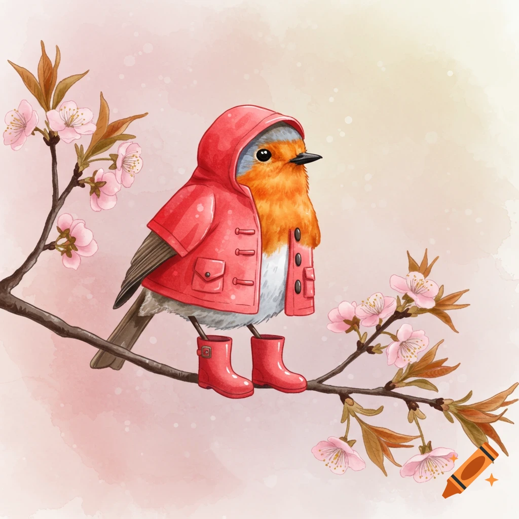 A watercolor illustration of a robin wearing a red raincoat and boots, sitting on a cherry blossom branch with pink flowers.