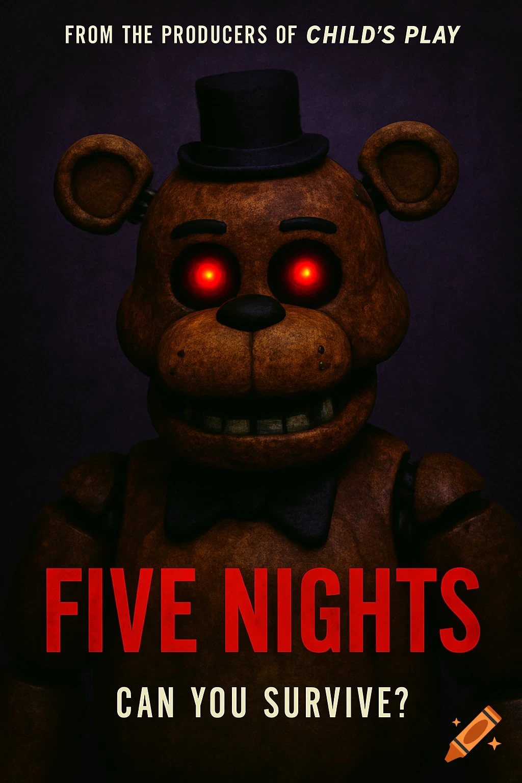 Movie poster for Five Nights featuring a brown animatronic bear with glowing red eyes, a top hat, and bow tie, on a dark purple background.