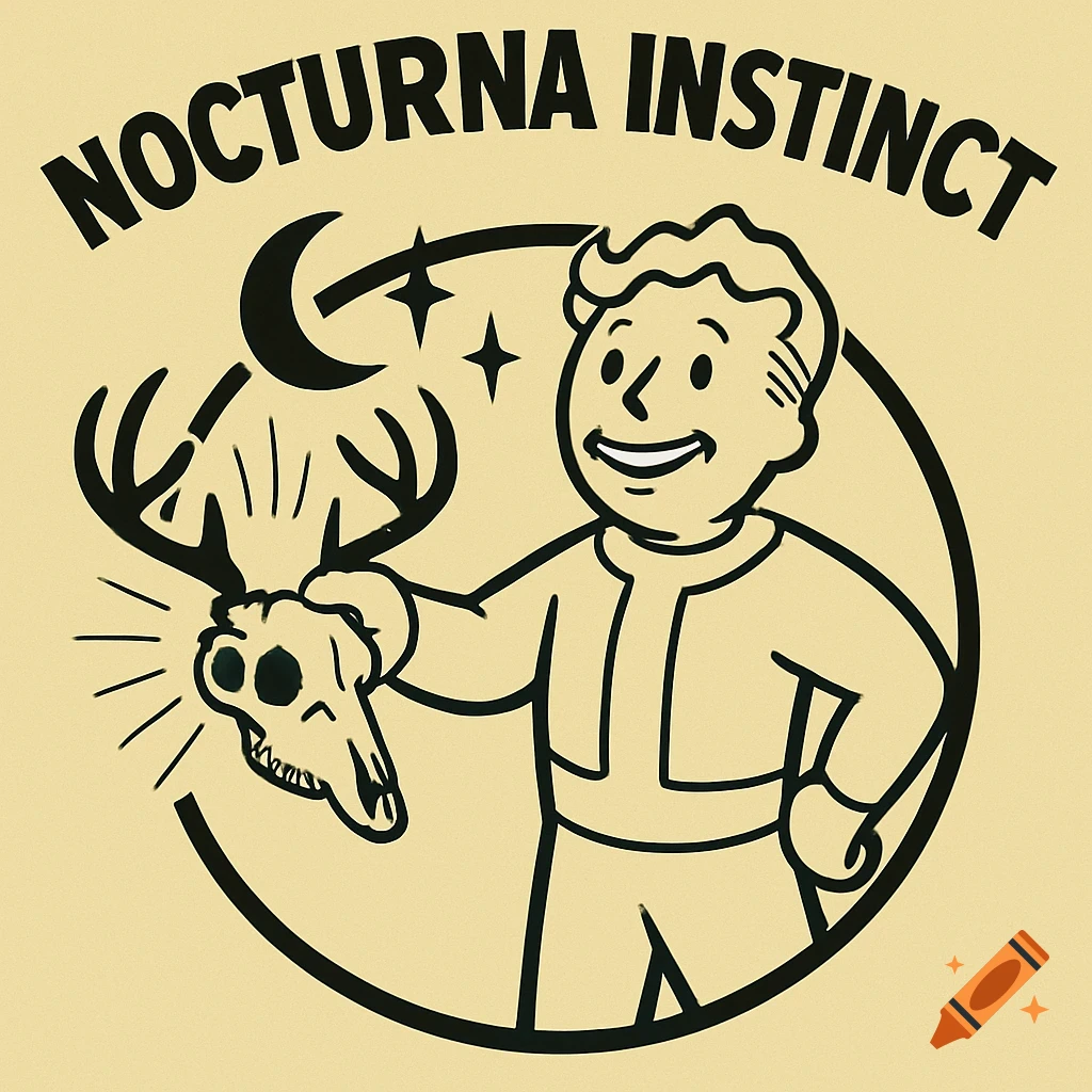 Stylized illustration of Vault Boy holding a deer skull with antlers, moon, and stars, text 'NOCTURNA INSTINCT' overhead.