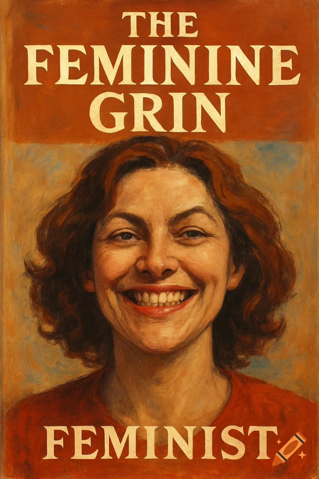 Painting of a smiling woman on an orange book cover titled "The Feminine Grin" and "FEMINIST" at the bottom.