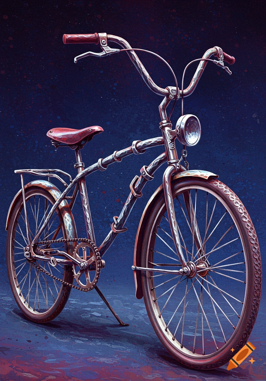 An illustration of a vintage-style bicycle with a red seat and headlight, featuring a textured metallic frame against a dark blue and red splattered background.