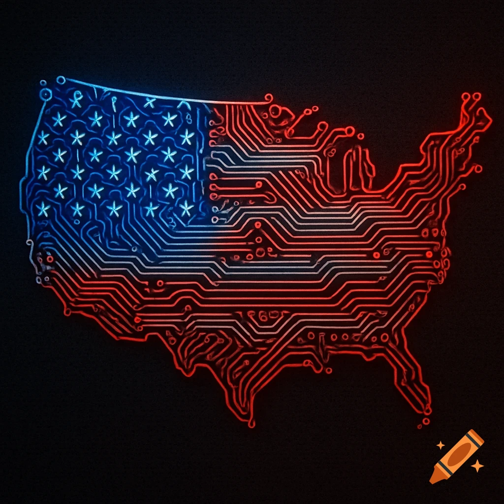 Stylized map of the continental USA as a circuit board, with the left side in blue with stars and the right side in red and white lines.