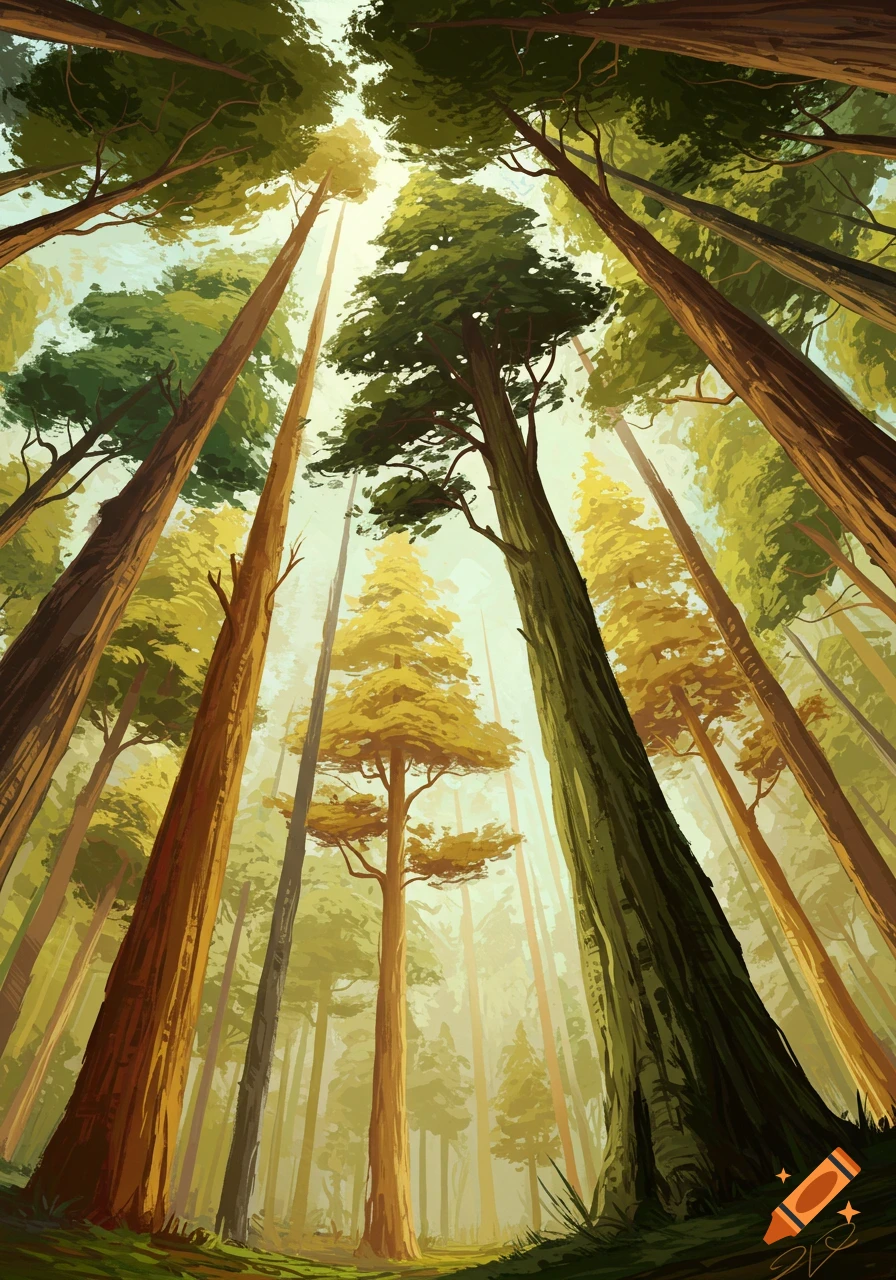 A low-angle view looking up into a dense forest of tall, green and golden trees with sunlight filtering through.