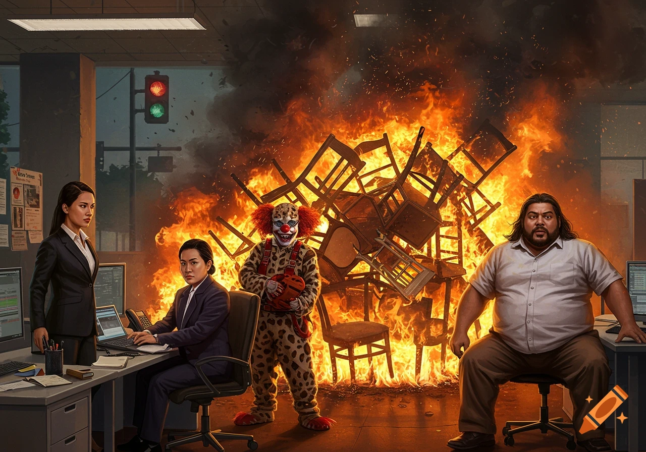 A clown stands by a large pile of burning chairs in a chaotic office, with two women and a man reacting to the scene.