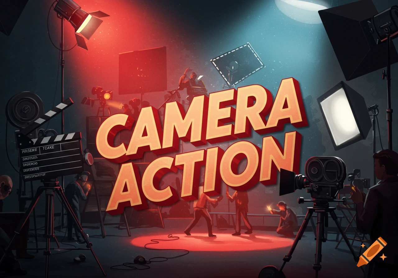 A stylized illustration of a movie set with red and blue lighting, featuring large text "CAMERA ACTION" in the center. Film crew members are working around cameras, lights, and a clapperboard.