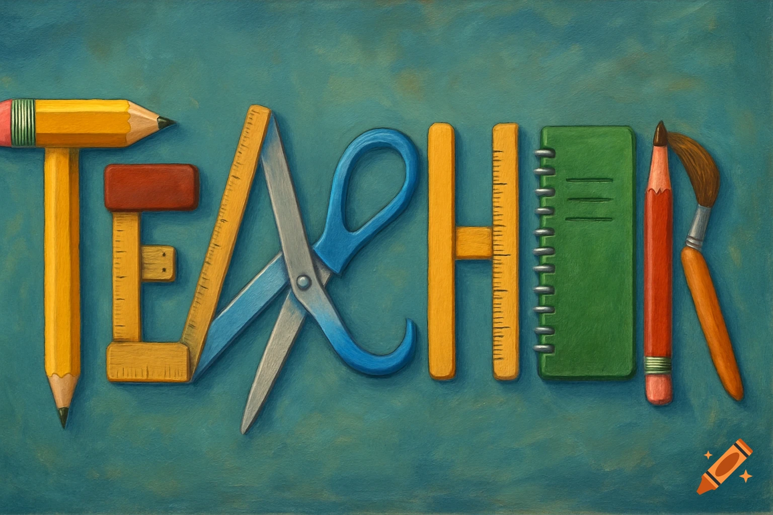 Stylized image of school supplies like pencils, rulers, scissors, and notebooks forming the word 'TEACHER' on a blue-green background.