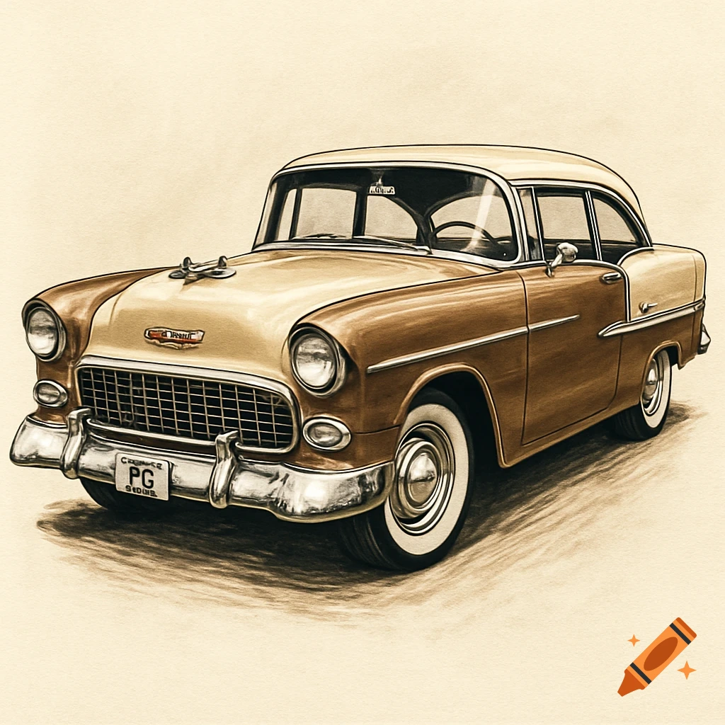A sepia-toned drawing of a two-tone cream and metallic brown 1955 Chevy Bel Air classic car.
