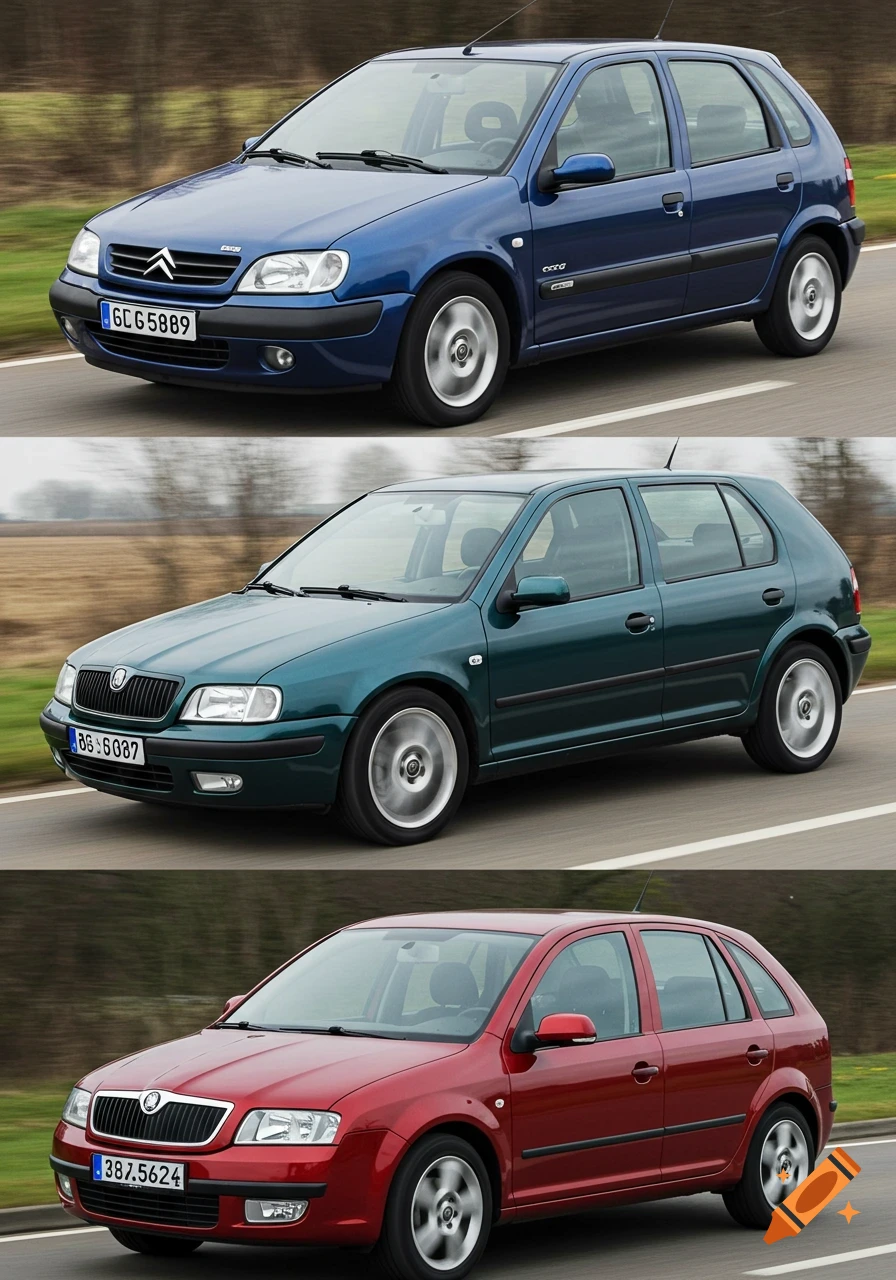 Three different model cars, a blue Citroen, a green Skoda, and a red Skoda, are shown driving on a road, stacked vertically in a photorealistic collage.
