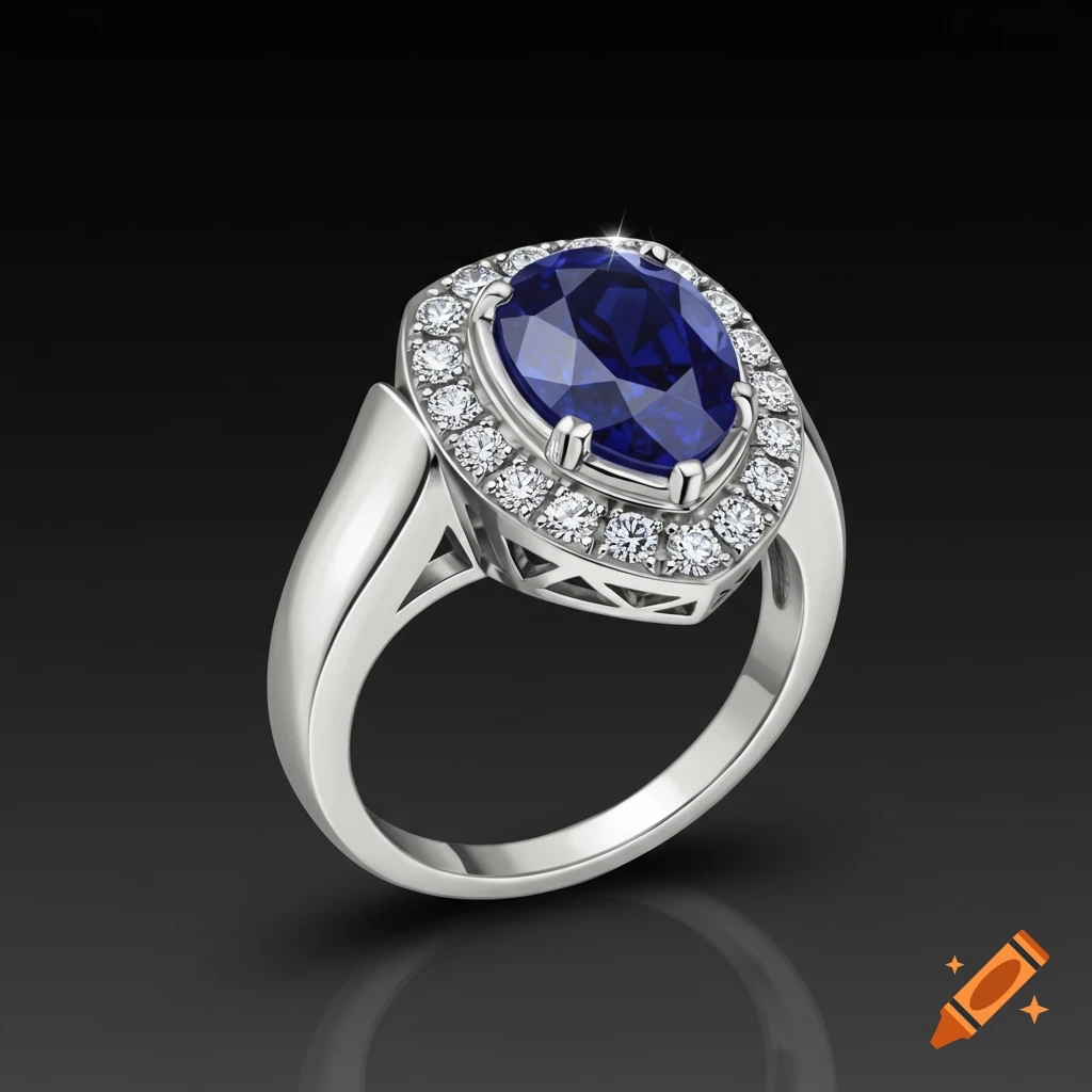 Photorealistic white gold ring with an oval sapphire and diamonds on a black background.