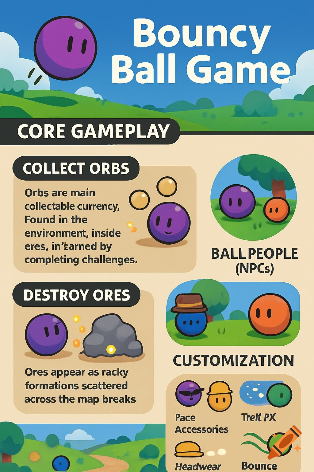 An infographic-style game concept for 'Bouncy Ball Game' with cartoon bouncy ball characters, gameplay descriptions, and customization options.