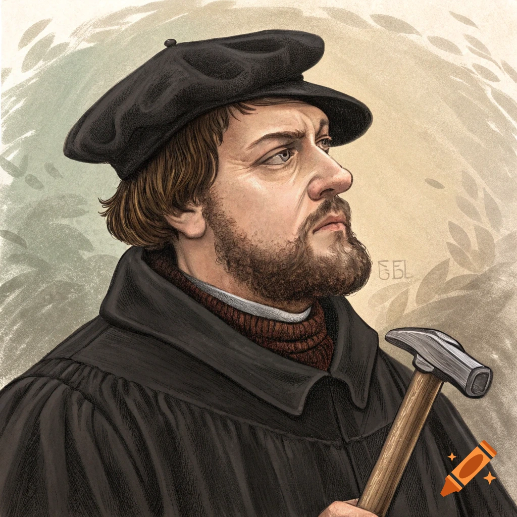 An illustrative portrait of a bearded Martin Luther wearing a black coat and cap, holding a hammer, looking to the right.