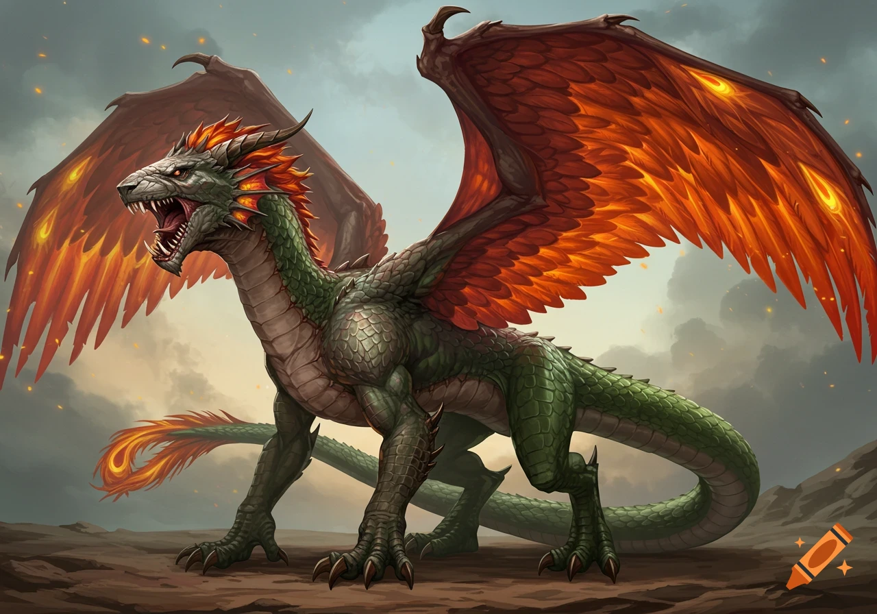 A large, powerful green dragon with fiery orange wings and sharp fangs stands on rocky terrain under a cloudy sky.