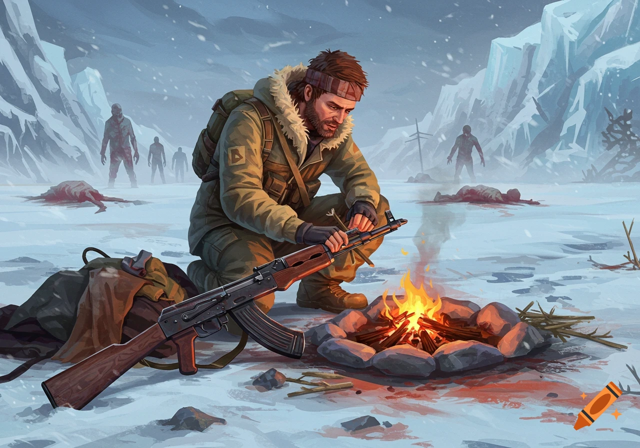 A lone survivor cleans his rifle by a campfire in a snowy wasteland, with zombies approaching in the background.