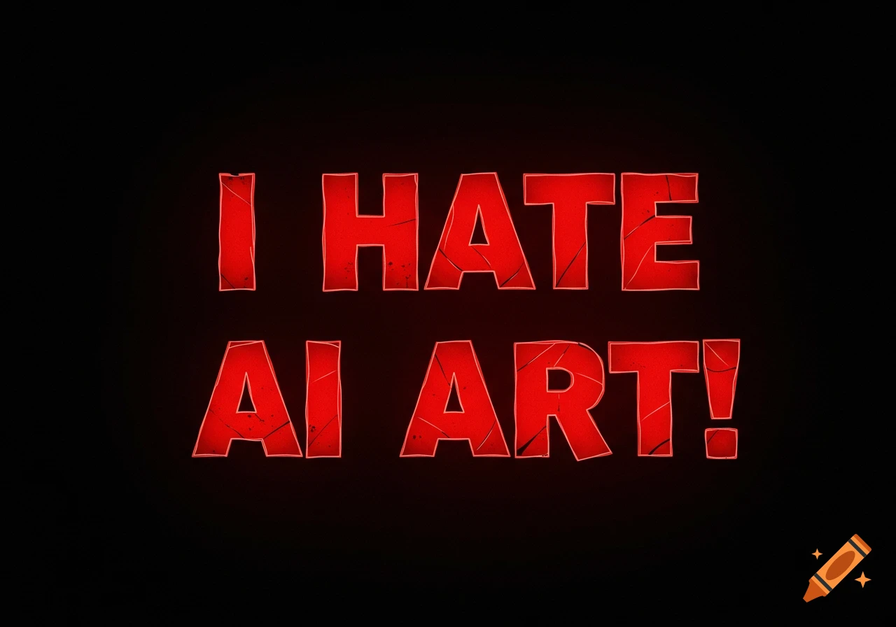 Red cracked text on a black background spells out 'I HATE AI ART!'