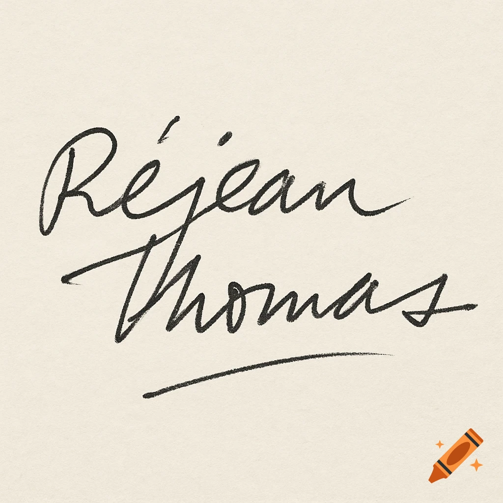 A handwritten signature of 'Réjean Thomas' in black script on a light beige background.