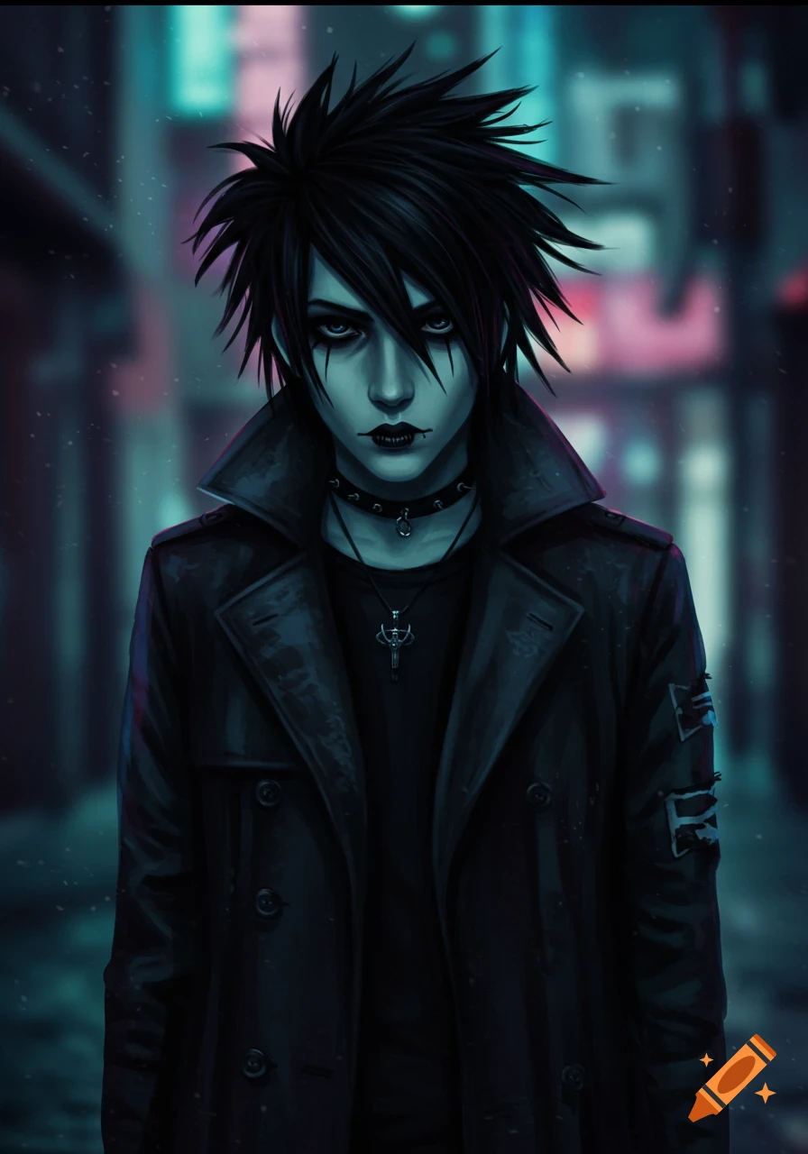 A digitally illustrated goth or emo person with spiky dark hair, pale skin, and dark makeup, wearing a black trench coat in a neon-lit city.