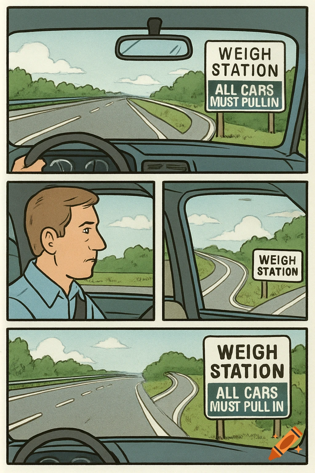A comic strip shows a driver's view of a highway and a sign for a weigh station, with a close-up of the driver's face.