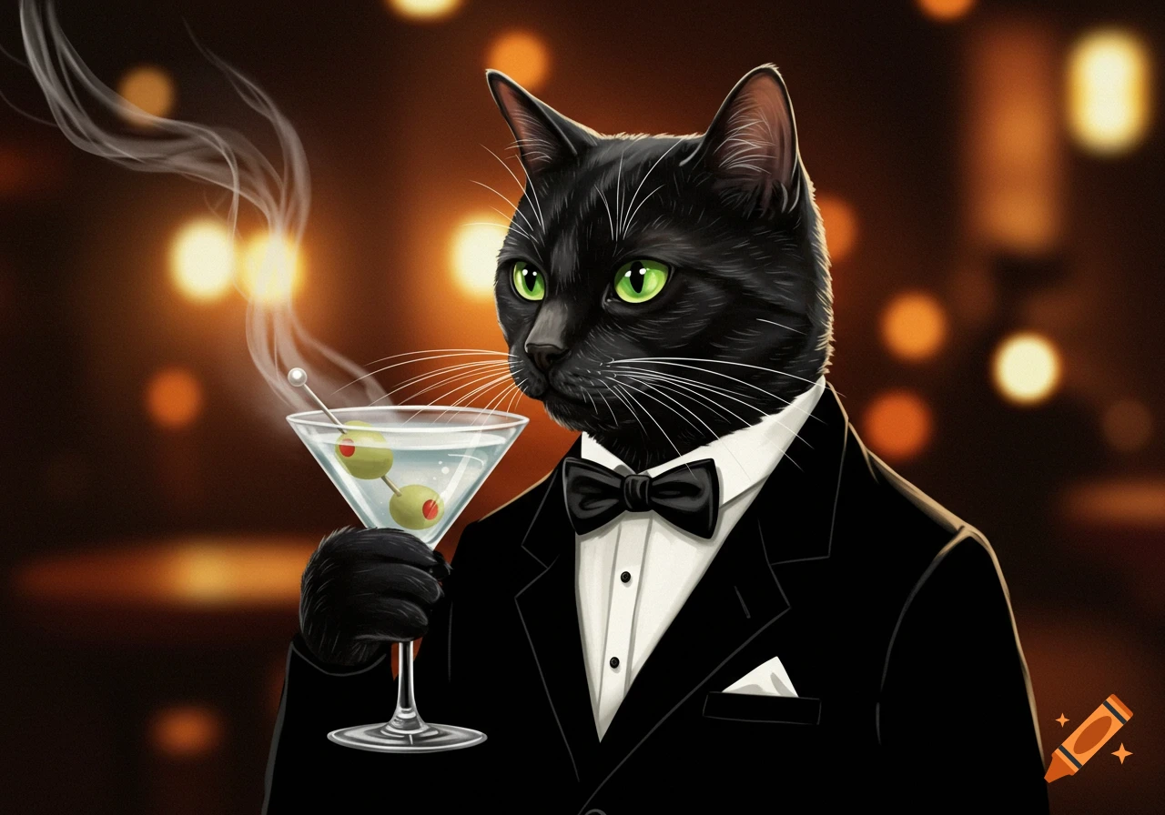 A black cat wearing a tuxedo holds a martini glass, against a blurred background with warm lights.