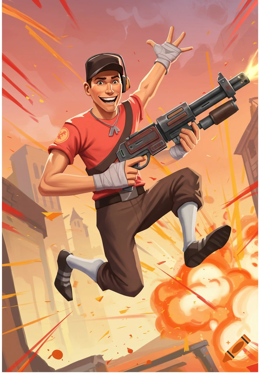 A stylized illustration of Scout from Team Fortress 2, mid-jump, holding a shotgun, with an explosion behind him.