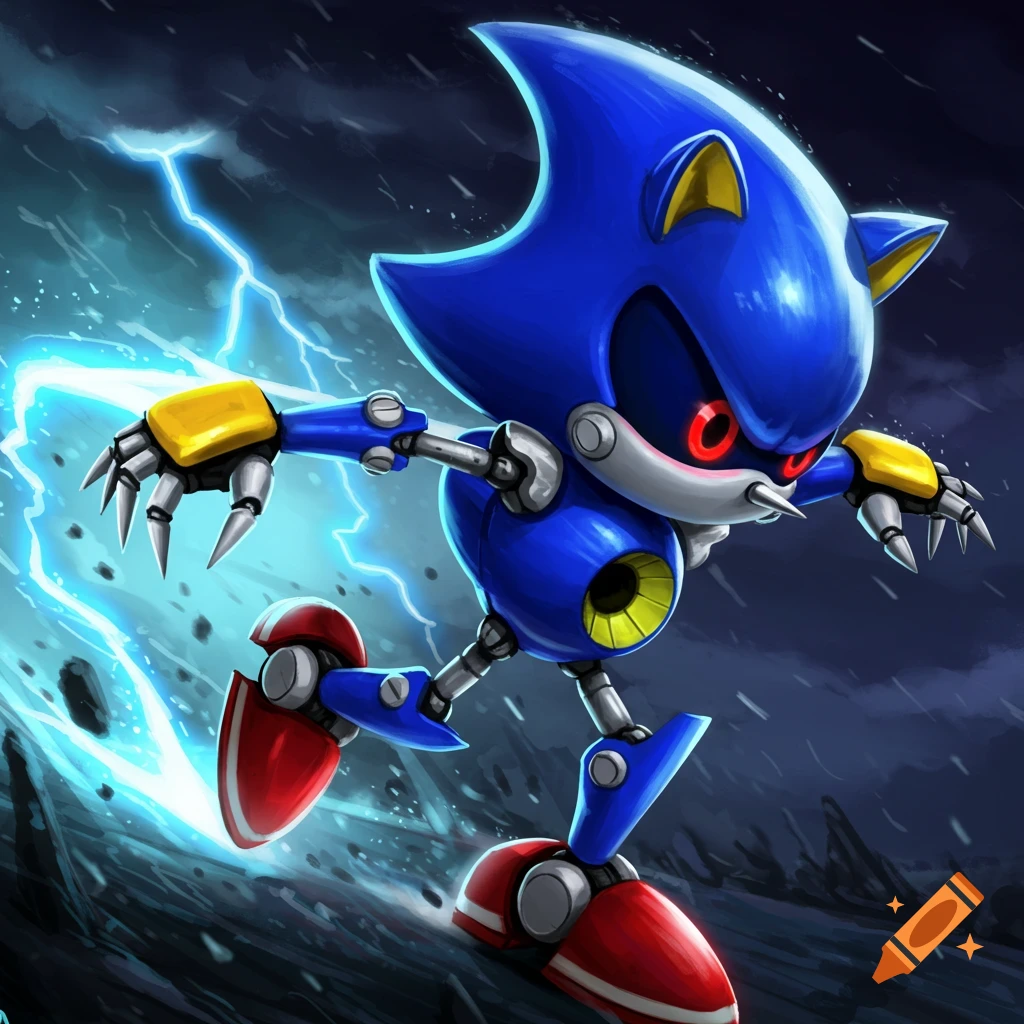 Metal Sonic, a blue robot with red eyes, runs forward with glowing blue lightning effects around him against a dark, stormy background.