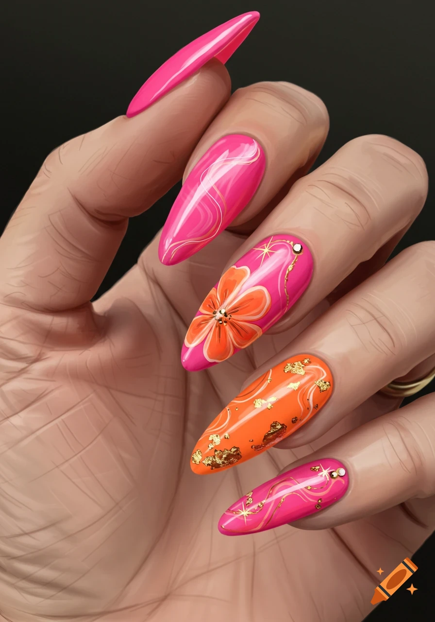 A close-up of a hand with vibrant pink and orange almond-shaped nails featuring floral, marble, and gold foil designs.