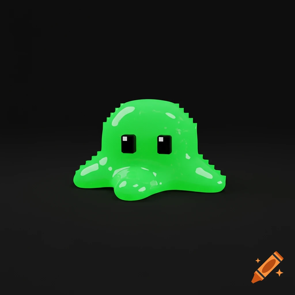 A shiny, bright green pixelated slime blob with two black square eyes, sitting on a dark background.