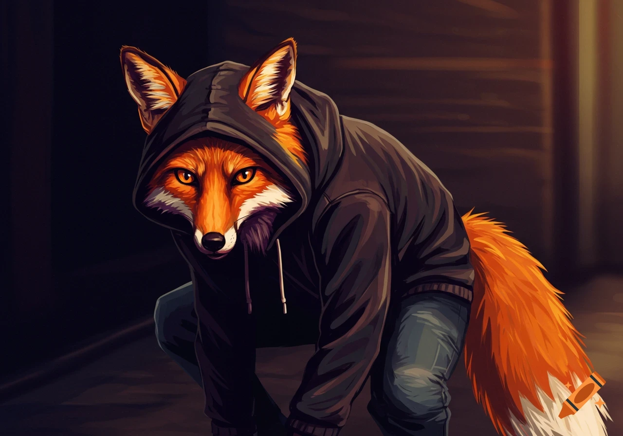 An illustrative image of a sneaky anthropomorphic fox with orange fur and glowing yellow eyes, wearing a black hoodie, crouching in a dark setting.
