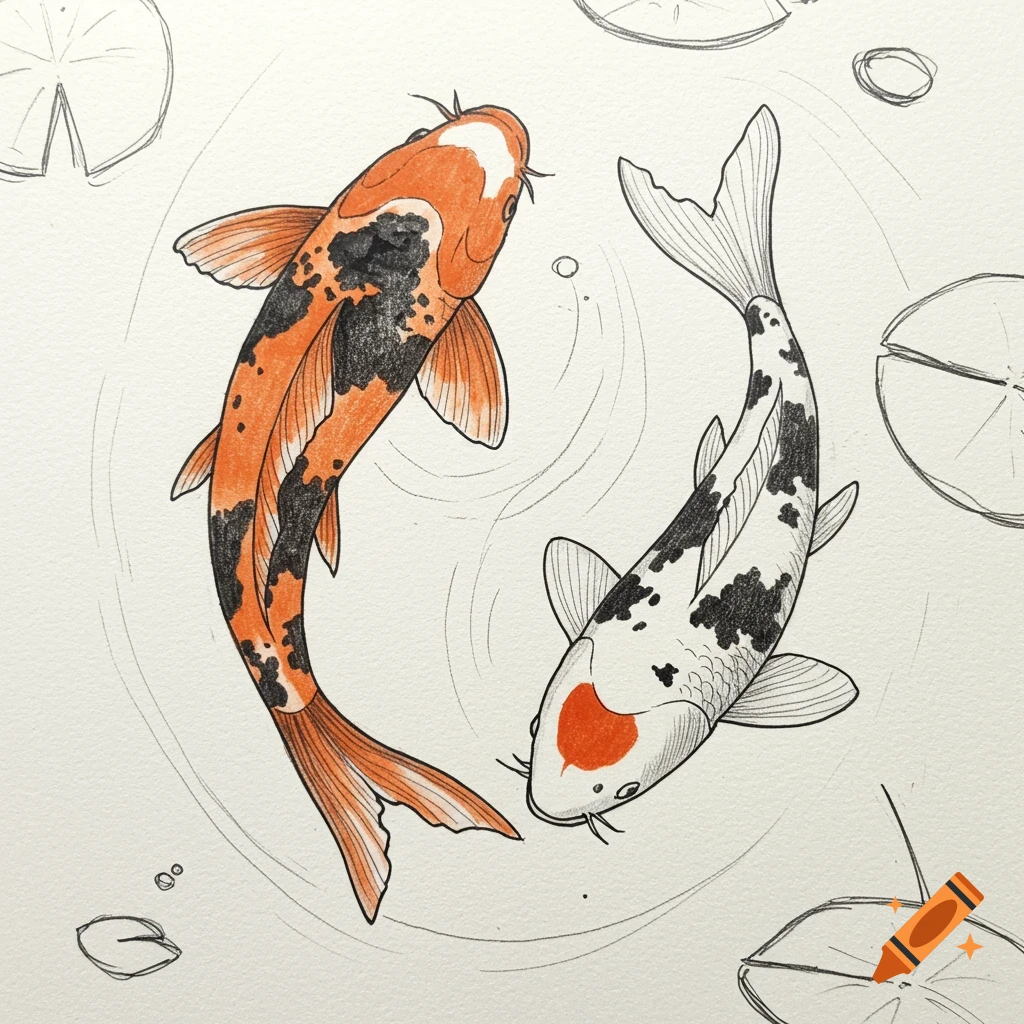 Sketch of two koi fish, one orange and black, one white and black, swimming in a circle with lily pads around them.