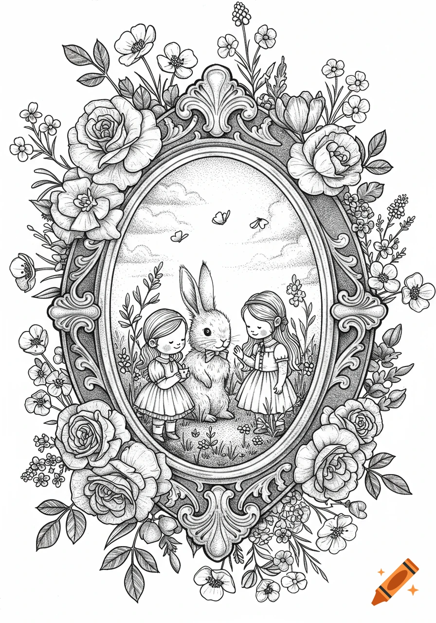 Black and white line art of two young girls and a fluffy bunny inside an ornate oval frame, surrounded by roses and wildflowers.