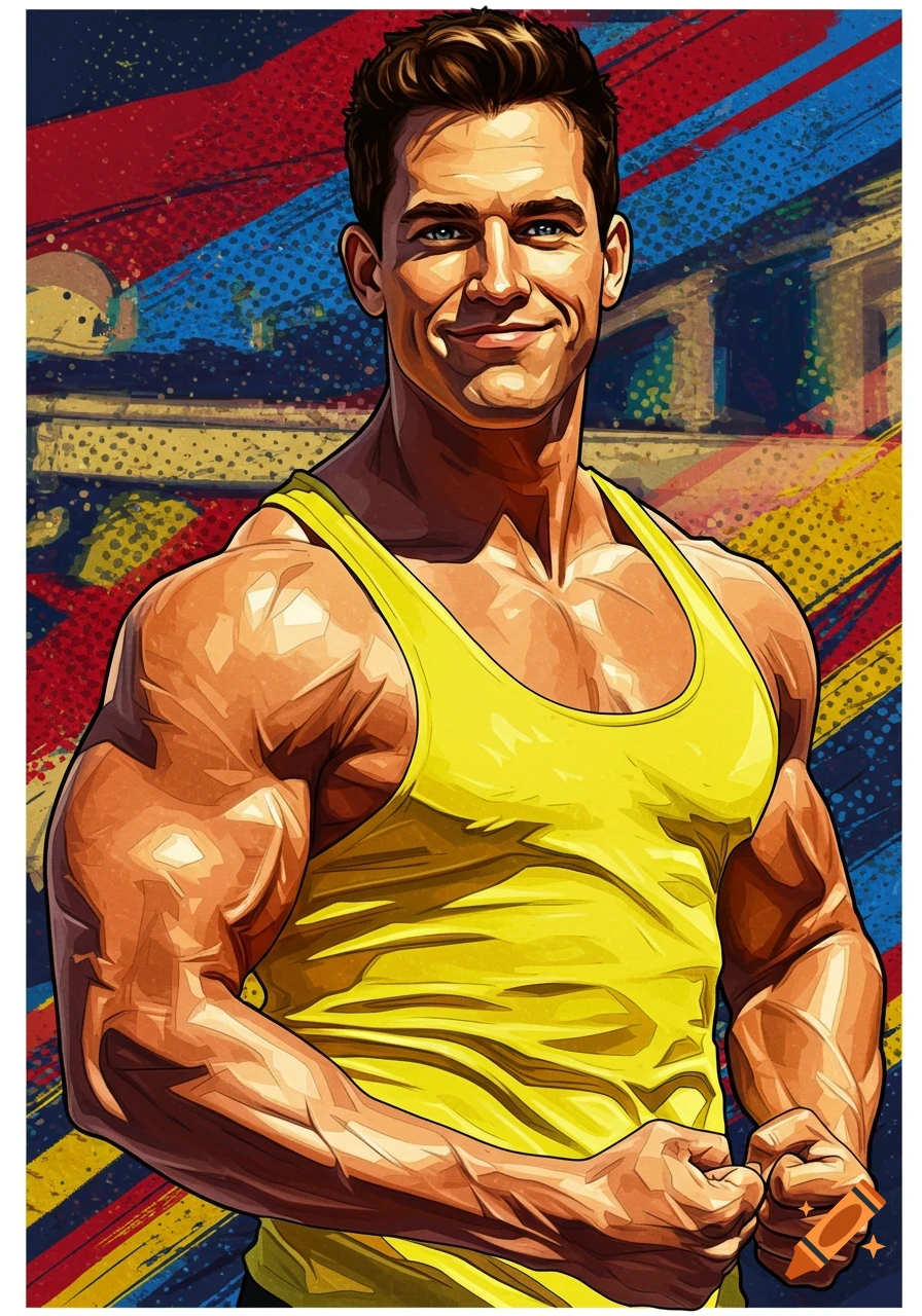 A muscular man in a yellow tank top smiles and flexes, depicted in a vibrant pop art illustration style.