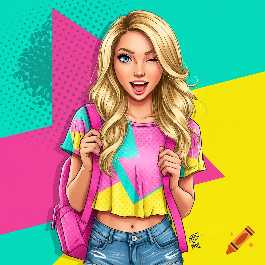 A blonde cartoon girl with a colorful crop top and pink backpack winks and smiles against a bright geometric background.