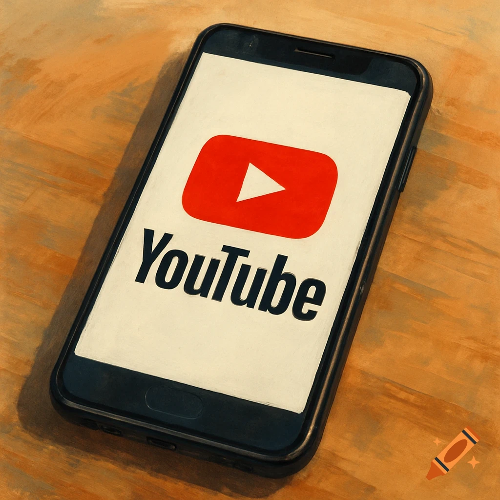 A painterly image of a smartphone displaying the YouTube logo and name on its screen, resting on a wooden surface.