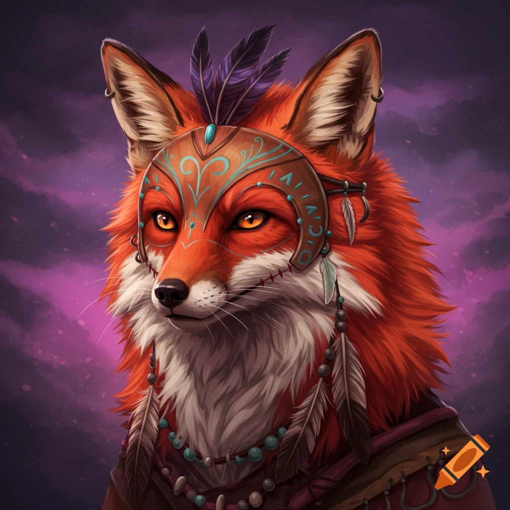 A close-up portrait of an anthropomorphic red fox wearing an ornate brown and teal mask with feathers and beads, against a purple background.