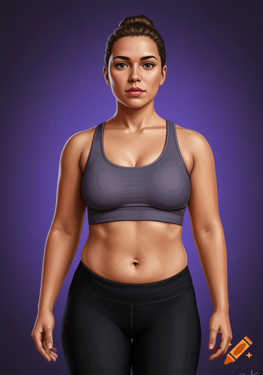 Digital illustration of a woman in a grey sports bra and black leggings, standing against a purple background.