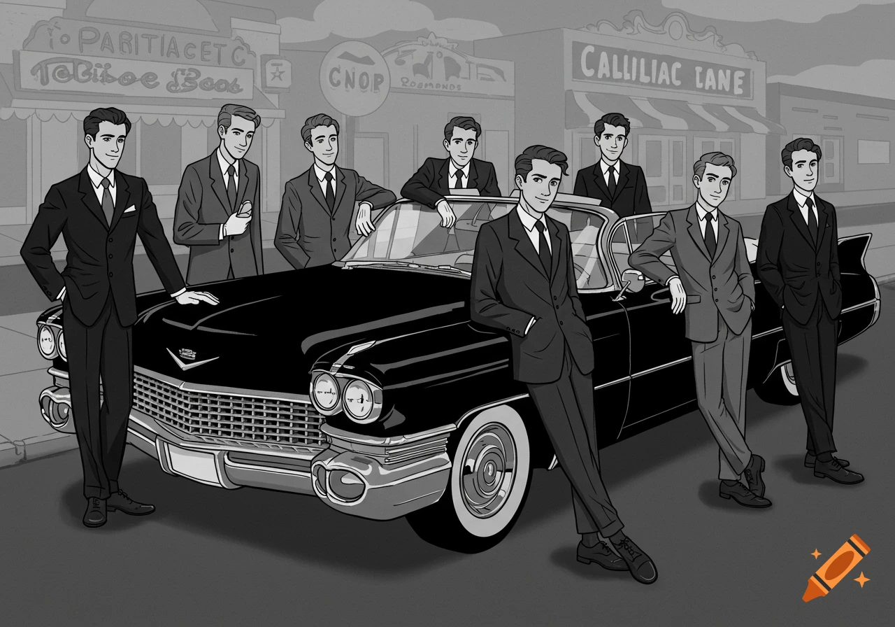 Eight men in suits posing around a black vintage Cadillac convertible in a monochrome cartoon style.