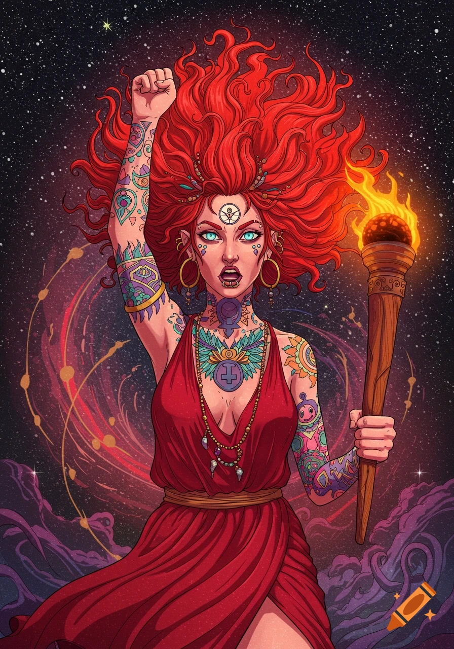 A powerful goddess with flowing red hair, glowing blue eyes, and colorful tattoos, holding a flaming torch with a raised fist against a starry cosmic background.