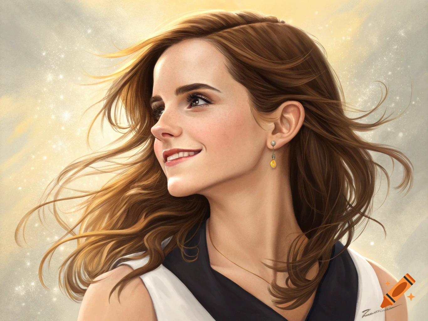 Digital portrait of Emma Watson smiling with wind-swept brown hair against a sparkling golden background.
