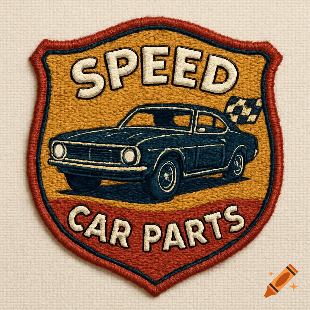 An embroidered shield-shaped patch featuring a vintage dark blue car and a checkered flag, with the text 'SPEED' at the top and 'CAR PARTS' at the bottom.