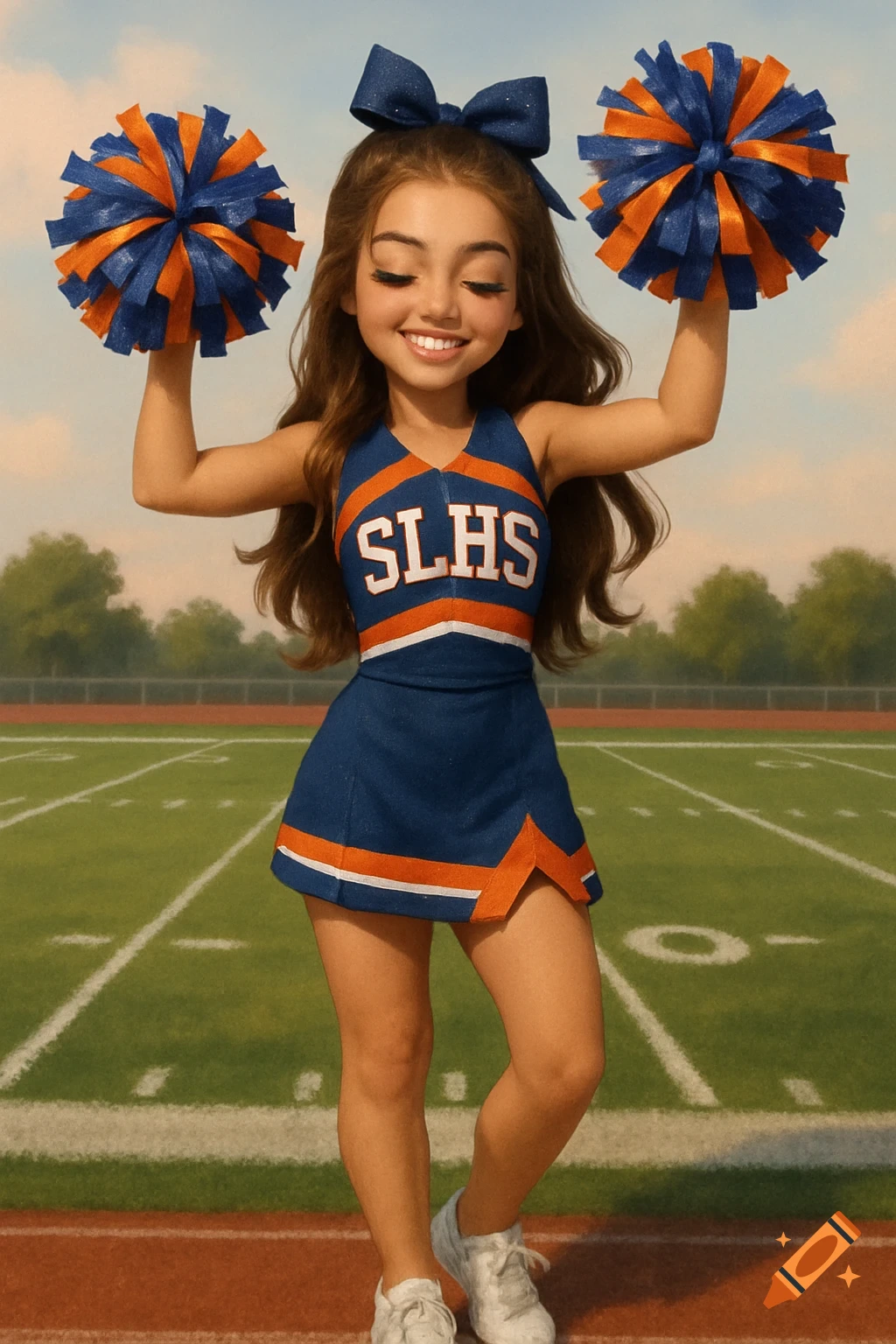 Stylized cartoon cheerleader in blue and orange uniform with 'SLHS', holding pom-poms on a football field.
