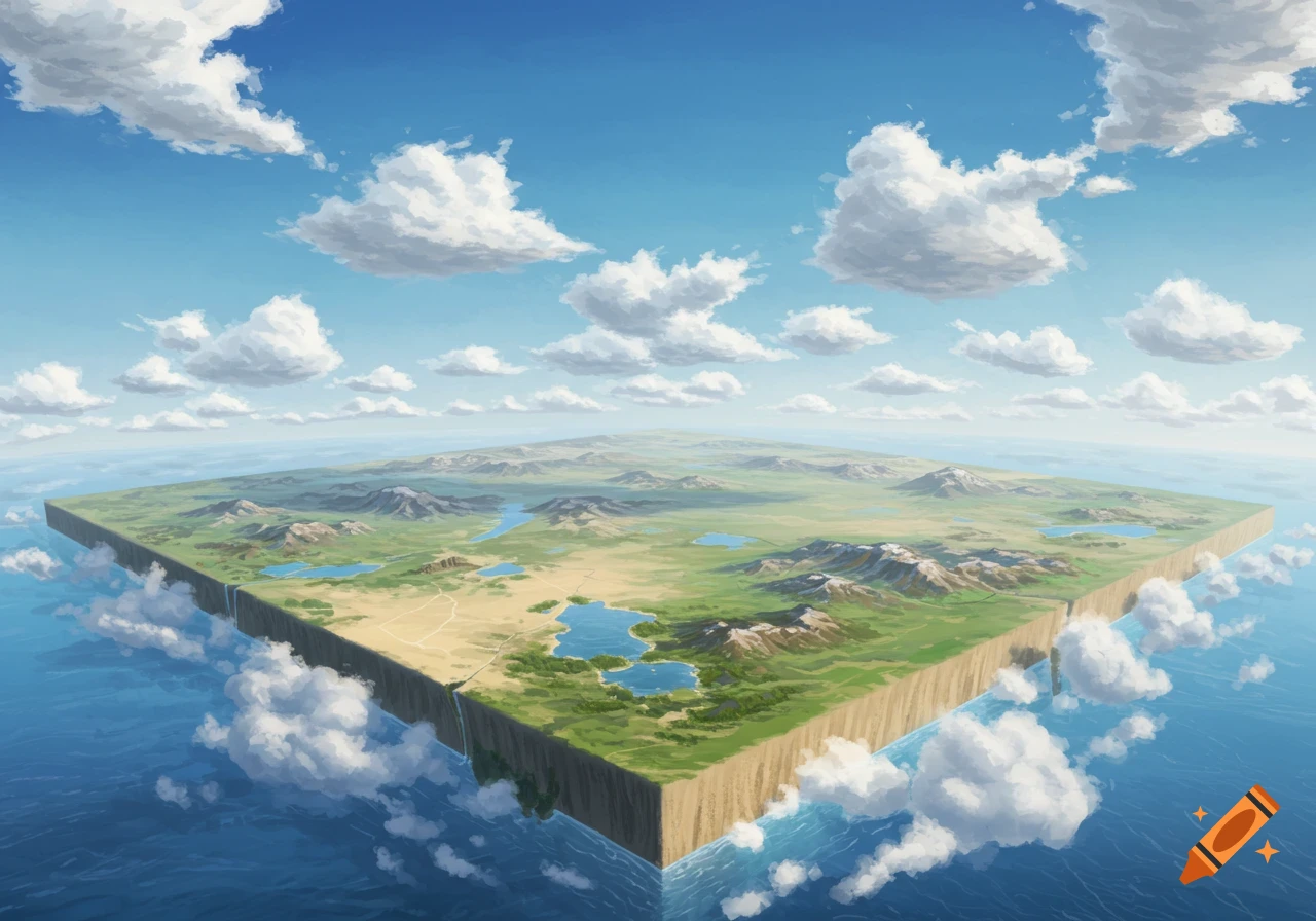 A square, flat earth landmass with mountains, lakes, and rivers floats above a vast ocean under a cloudy blue sky.