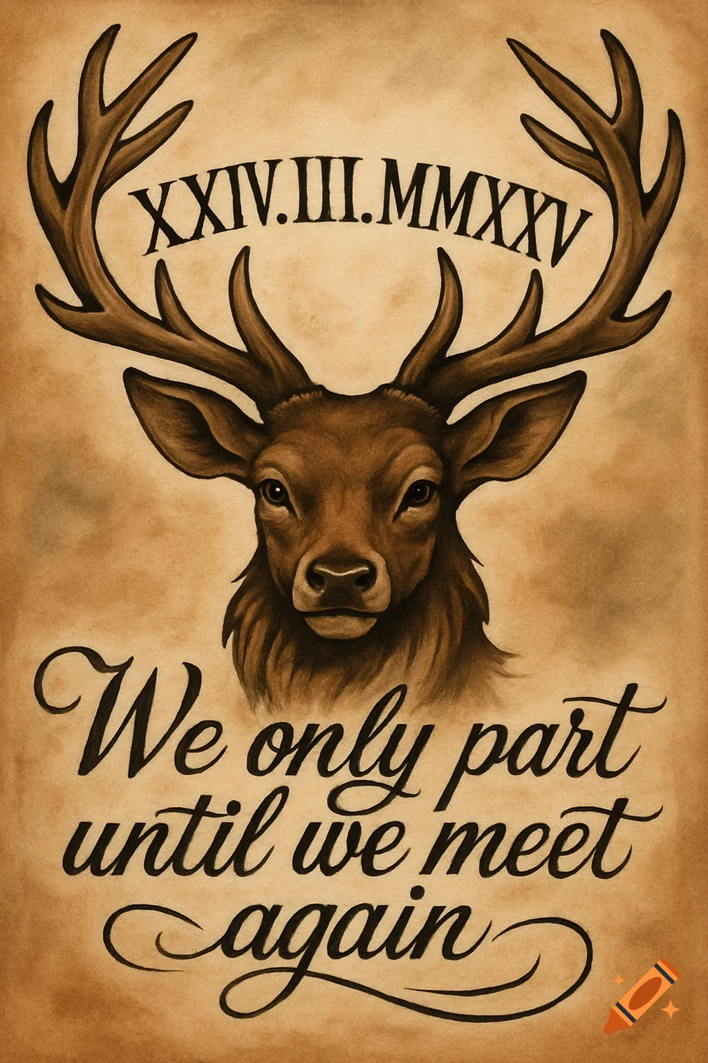 A sepia-toned illustration of a deer head with antlers, featuring the Roman numerals XXIV.III.MMXXV and the quote 'We only part until we meet again'.