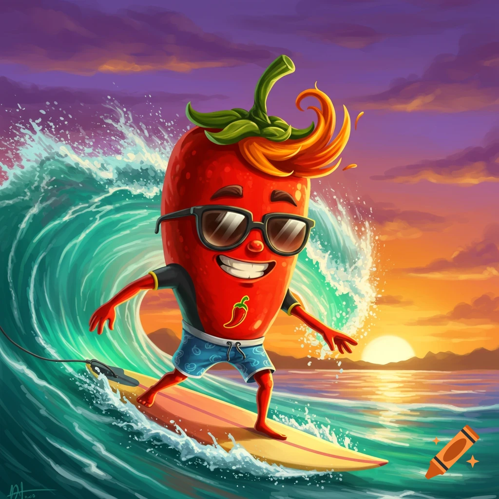 Cartoon chili pepper mascot with sunglasses surfing a large wave at sunset.