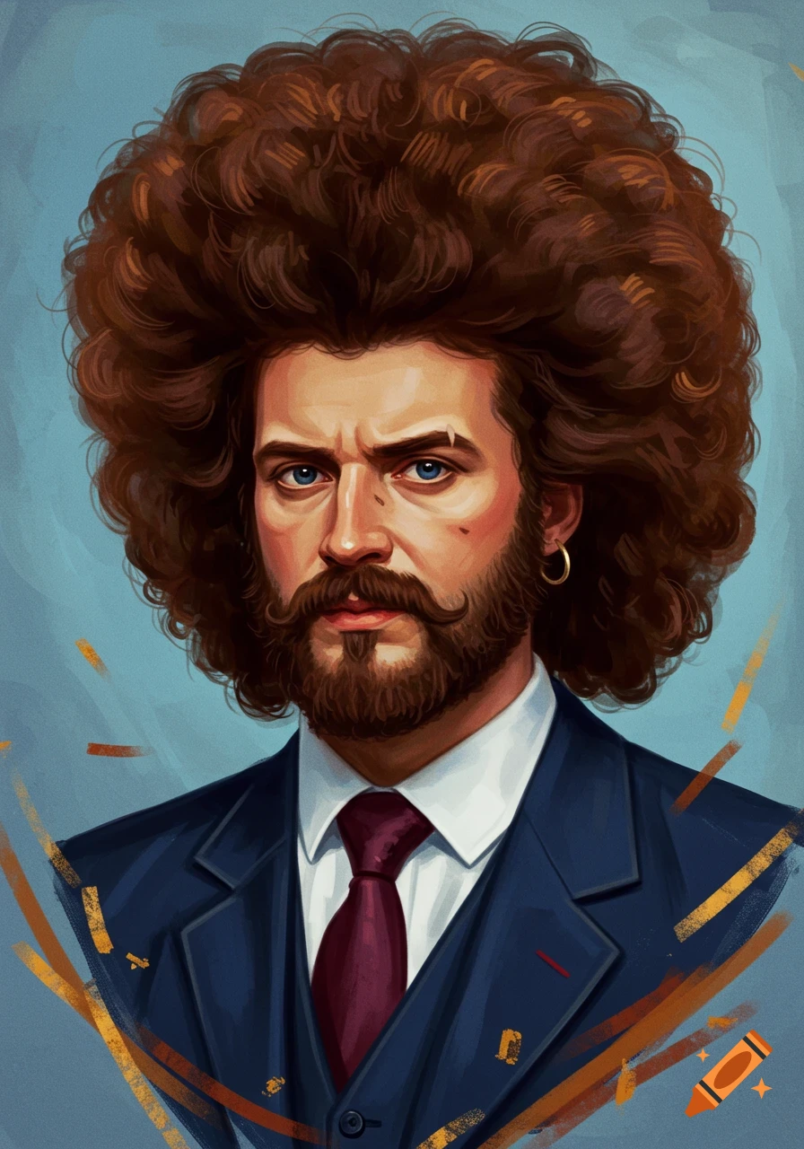Digital painting of a man with a large curly afro, a beard, and a mustache, wearing a suit and tie.