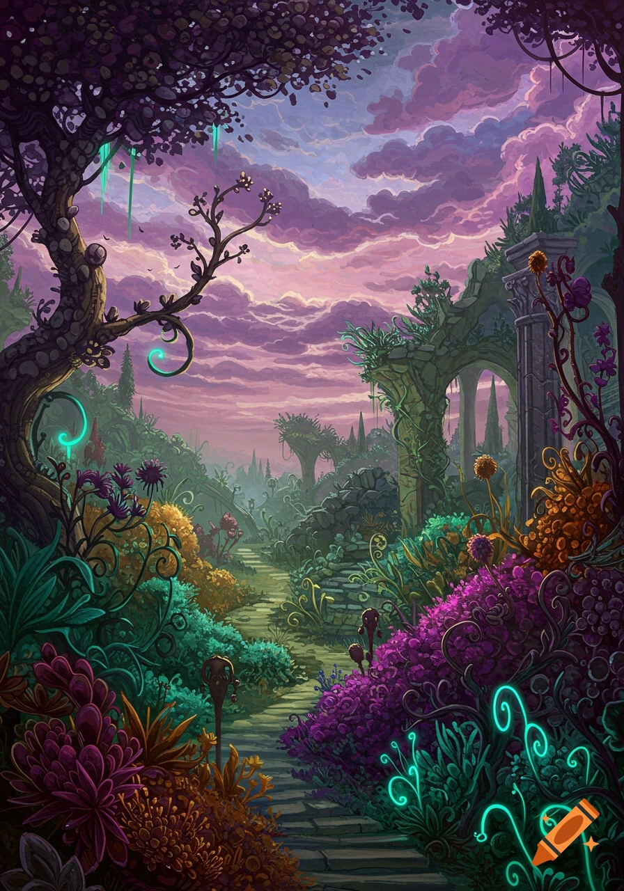 A vibrant, overgrown fantasy garden with a winding stone path, lush exotic plants, glowing flora, and ancient ruins under a dramatic purple and pink sky.
