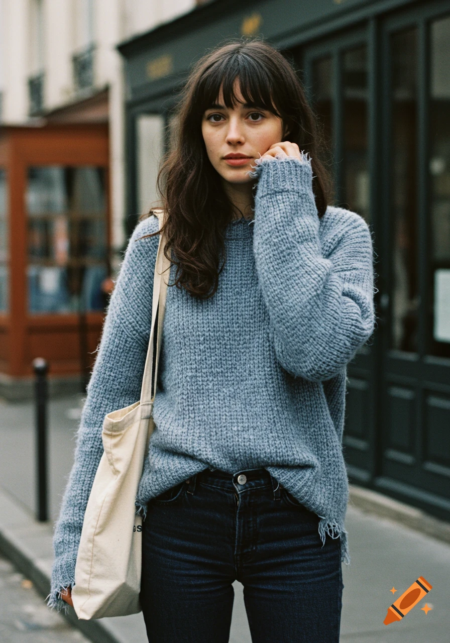 A woman with dark hair and bangs in a blue sweater and jeans stands on a city street with a canvas bag.
